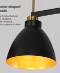 Close-up of black and gold dome shade from Black And Gold 3 Light Linear Kitchen Island Pendant With Adjustable Rods, Industrial Farmhouse Dome Lighting Fixture