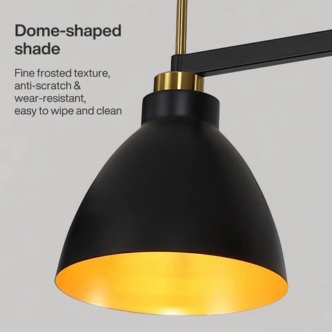 Close-up of black and gold dome shade from Black And Gold 3 Light Linear Kitchen Island Pendant With Adjustable Rods, Industrial Farmhouse Dome Lighting Fixture