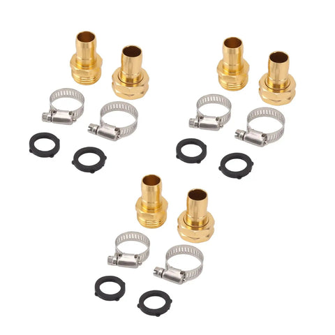 Top Notch Garden Hose Repair Kit With Premium Aluminum Connectors And Stainless Steel Clamps. Durable 3 Piece Set For 3/4 Inch And 5/8 Inch Hoses, shown with fittings, clamps, and washers