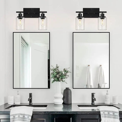 Modern Black Vanity Light With Clear Glass Shade, 2 Light Dimmable Wall Mount Fixture For Bathroom over dual mirrors