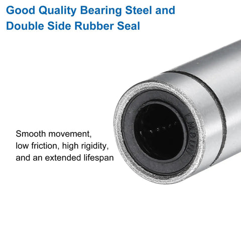 Two Pack LM8LUU Linear Bearings 8mm Bore 15mm OD 45mm Length With Dual Rubber Seals and good quality steel close-up.