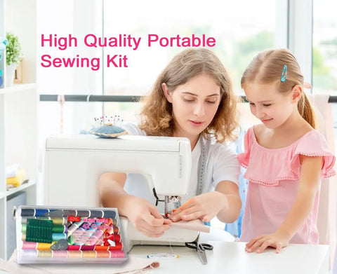 Woman and child using sewing machine with Rainbow Sewing Thread Kit With 42 Assorted Colors And White And Black, Handy Polyester Spool Set Includes 9 Needles And 2 Threaders, 40 Yards Each, Perfect For Hand And Machine Sewing On The Go visible.