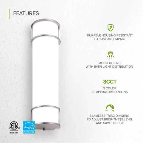24 Inch LED Vanity Light Bar With 3 CCT Dimmable Modes, acrylic lens, nickel finish, Energy Star and ETL listed for bathrooms