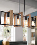 35.4 Inch Kitchen Island Lighting Dope Four Light Farmhouse Chandelier in black, wood and matte black metal finish, in living room setting
