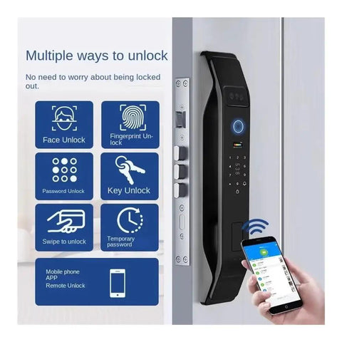 Solid Choice Face Recognition Smart Lock And Biometric Deadbolt For Home Security Featuring Zero Hassle Keyless Entry displaying unlock methods.