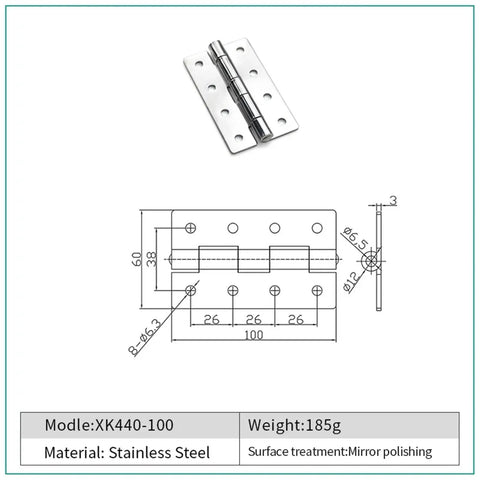 Stainless Steel Cabinet Door Butt Hinge 100mm XK44075 with technical drawing and dimensions, mirror-polished finish.