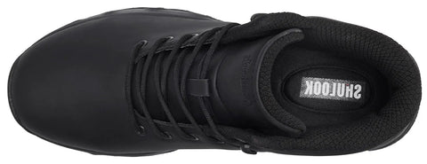 Top view of black non slip work boots for men, slip resistant waterproof kitchen shoes, size 11, suitable for chefs and restaurant workers.