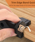 Compact Edge Band Trimmer Tool for woodworking and veneer in use on wood, shows cutting edge bands 0.8-2 mm, durable steel alloy