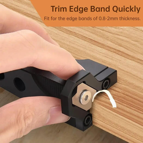 Compact Edge Band Trimmer Tool for woodworking and veneer in use on wood, shows cutting edge bands 0.8-2 mm, durable steel alloy