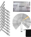 Guitar And Bass Setup Pro Tool Kit with 32 blade stainless feeler gauge, radius gauges, string action ruler, black pouch.