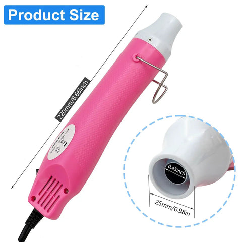 Portable Hot Air Gun For DIY Projects, Pro Grade Heat Shrink Tool in pink, 220mm size with 0.45 inch nozzle, compact design