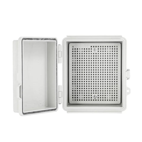 Outdoor IP67 Weatherproof Junction Box With Hinged Gray Cover And Stainless Steel Latch, open showing interior mounting plate.