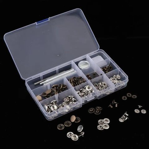 Leather Craft Snap Fasteners Kit With 12mm Brass Buttons Bronze And Silver, Includes Hole Punch And Anvil, 30 Sets And 2 Fixing Tools, Easy Shirt And Coat Repairs For Handy DIYers; open case