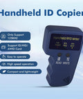 Handheld 125KHz RFID Copier Duplicator For T5577 And EM4305 Cards with LCD and buttons, blue, on-screen features highlighted.