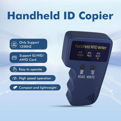 Handheld 125KHz RFID Copier Duplicator For T5577 And EM4305 Cards with LCD and buttons, blue, on-screen features highlighted.