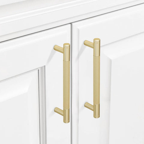 10 Pack 5 Inch Brushed Gold Knurled Cabinet Pulls For Kitchen Cabinets Drawers And Doors Durable Hardware With Easy Install Screws installed on white cabinets