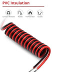 Coiled 65.6ft 22AWG low voltage extension cable, red and black, with PVC insulation and features listed, for LED strips and electronics.