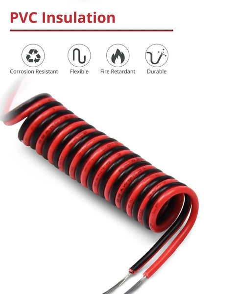Coiled 65.6ft 22AWG low voltage extension cable, red and black, with PVC insulation and features listed, for LED strips and electronics.