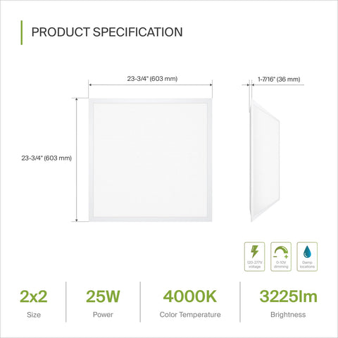 Dimensions and specifications of 2x2 LED Flat Panel Light 25W 3225LM 4000K Bright White Lit Dimmable Drop Ceiling Recessed And Surface Mount Back-Lit Office Panel Lighting UL DLC Certified 4 Pack