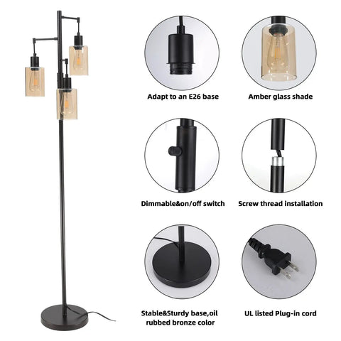 Dimmable 3-Light Oil Rubbed Bronze Farmhouse Floor Lamp With Amber Glass Shades features and design details