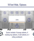 Heavy Duty 12 Piece Steel Garage Cabinet Storage Sets Featuring Lockable Rolling Workbench And Wall Cabinets, 18 feet wide setup.