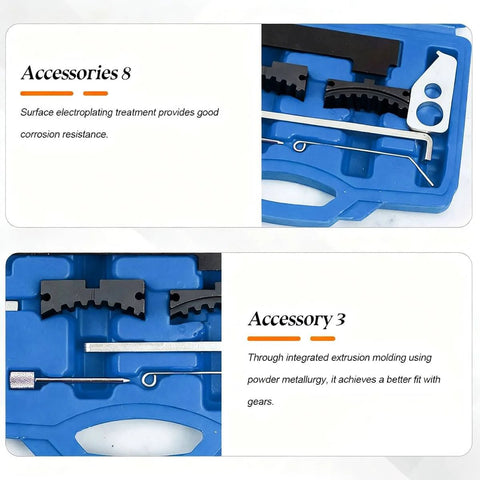 Car Timing Tool Kit For Camshaft Tensioning And Locking Alignment Belt Set Engine Timing Accessories For 16V 1.4 1.6 1.8 Engines Beefed Up Carbon Steel Construction Automotive Camshaft Holder Tool Blue close-up view showing accessories in blue case.