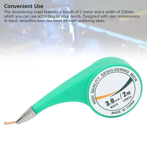Brass Desoldering Wick Braid With Flux, 2m Length, 3mm Width, tool with label showing size and information for PCB cleaning and repair