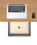 Slick Under Desk Pull Out Drawer Slide Cabinet Game Changer Gear Fits Standing And Standard Workspaces No Sweat Organization Setup Nineteen Inches Wide Thirteen Point Four Deep with laptop and mouse on wood desk.