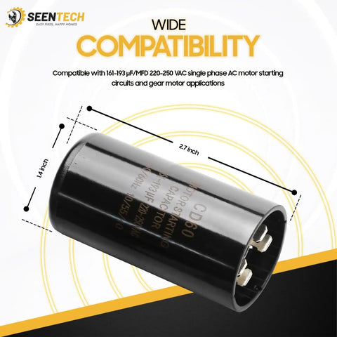 161 To 193 Uf Round Motor Start Capacitor For 220 To 250 Volt AC Motors Plug And Play Ready Universal Fit CD60
