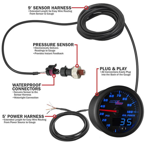Front view of MaxTow Double Vision 100 PSI oil pressure gauge kit with blue LED dial, black face, 2-1/16 in (52 mm) gauge and electronic sensor.