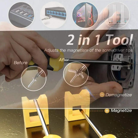 2 in 1 tool for adjusting screwdriver magnetism, demonstrating before and after use, ideal for electrical work.
