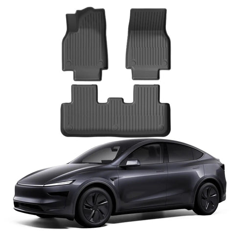 Custom Molded TPE Floor Mats For Tesla Model Y Juniper 2025 And Newer custom fit front and rear liners displayed above vehicle.