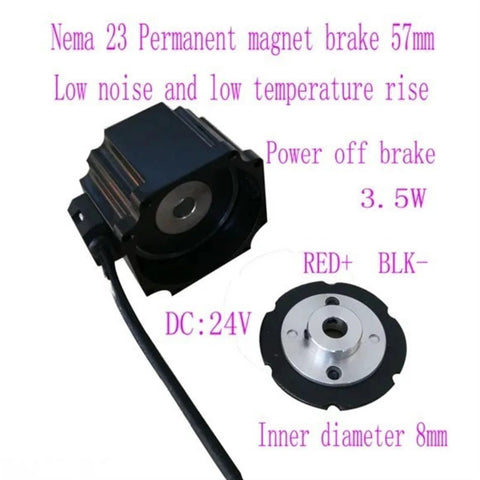 NEMA 23 24V DC permanent magnet brake with 8mm shaft, 57x57mm frame; black housing and silver brake plate.