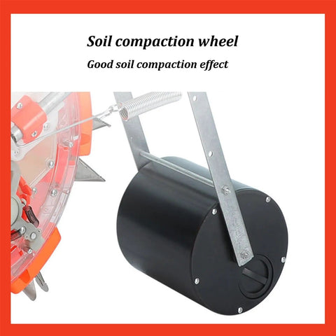 Soil compaction wheel of the Manual Hand Push Garden Seeder With Stainless Steel Duckbill, Clear Seed Box, And Roller Wheel