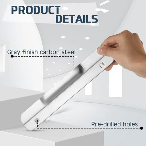 Gray finish carbon steel door latch guard plate showing pre-drilled holes for easy installation, part of Two Pack Heavy Duty Carbon Steel Door Latch Guard Plate Rock Solid Security Strike Cover Blocks Forced Entry Easy No Sweat Install For Outswing Doors Property Protection.