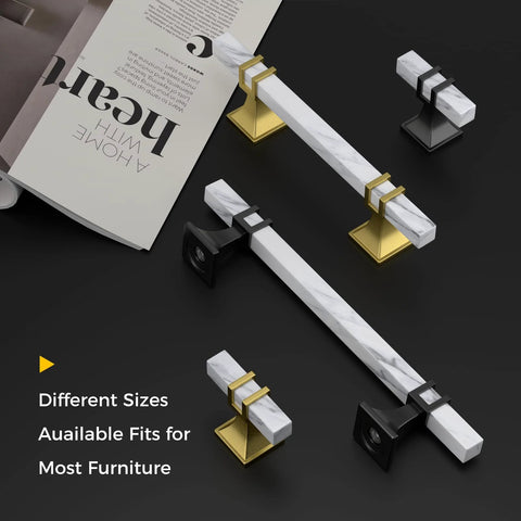 Marble Drawer Pulls and Knobs 10 Pack White Marble and Black 5 Inch Hole Center T Bar Hardware shown on magazine page