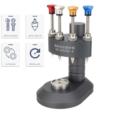 High-Precision Watch Hand Setting Tool With Needle Loader And Clete Repair Kit, Four Pin Pressers displayed with metal components