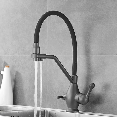 AOXHUGB Faucet 3-Way Tap with Pull-Out Spray Black Silicone Hose Chrome Finish Ideal for Under Sink Water Filter Systems - Versatile Kitchen Mixer Faucet (Grey A) with water flow.