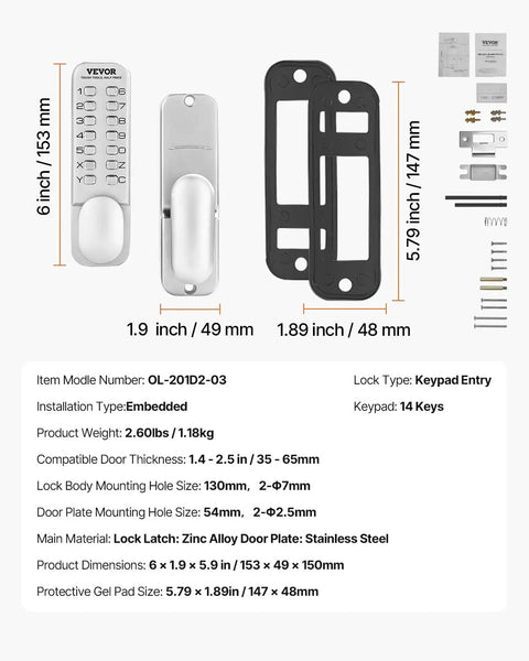 No Battery Needed Mechanical Keyless Entry Door Lock With 14 Key Set Single Side Stainless Steel Waterproof Gate Lock dimensions shown