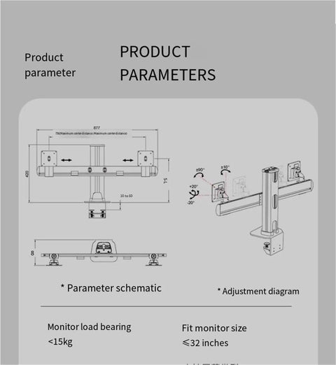 Product diagram showing dimensions and features of Built Tough Dual Monitor Stand Featuring Heavy Duty Mechanical Arm.