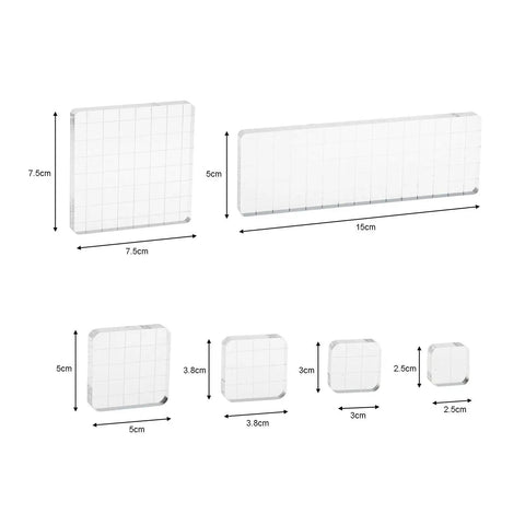 12 Piece Clear Acrylic Stamp Block Set With Assorted Sizes For Scrapbooking And Card Making, Transparent Mounting Blocks With Grid Lines For Precise Alignment, Must Have For Crafts Stamping Projects And DIY Cards. Clear acrylic stamp blocks in 7.5cm, 5cm, 3.8cm, 3cm, 2.5cm sizes