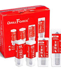 Drill Force 4-piece cobalt TiAlN-coated countersink drill bit set in red packaging.
