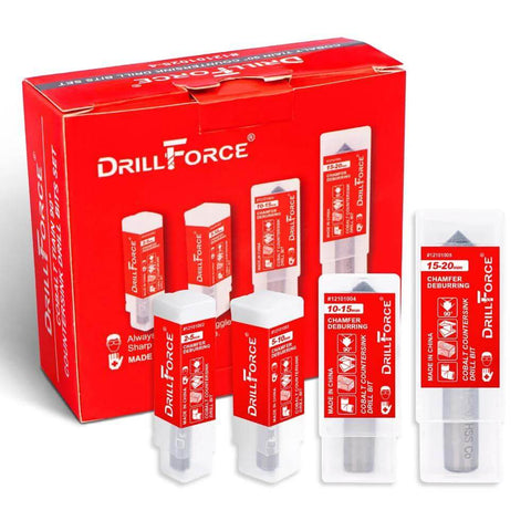 Drill Force 4-piece cobalt TiAlN-coated countersink drill bit set in red packaging.