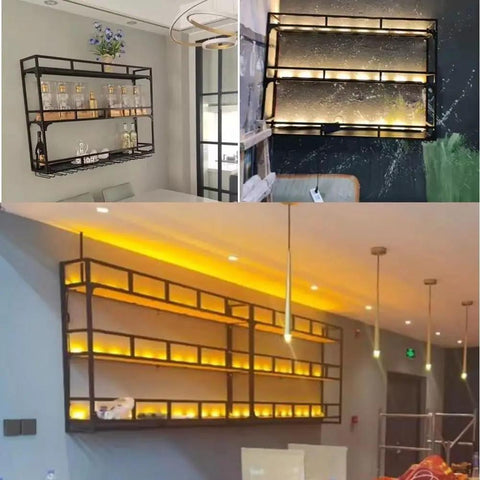 Heavy Duty Wall Mounted Clothing Rack With Industrial Pipe Design In Golden Finish, 60cm Wide, installed in various settings