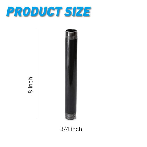 10 Pack Built Tough Heavy Duty Iron Pipe Nipples For Industrial Vintage DIY Projects Furniture And Shelving Decor Pre Cut Steel Threaded Nipple Set For Easy Assembly Three Quarter Inch By 8 Inch Grey. Image of single black iron pipe nipple with dimensions.