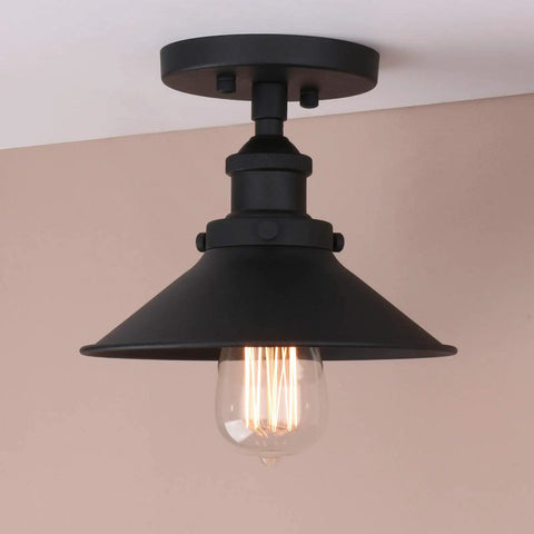 Vintage Farmhouse Ceiling Light With Metal Shade in matte black, semi-flush mount fixture for hallways, kitchens, lofts, and bars.