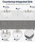 Countertop Integrated Sink on Rock Solid 96 Inch Bathroom Vanity With Double Sink And Pure White Quartz Countertop, showing pre-drilled holes.