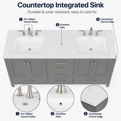 Countertop Integrated Sink on Rock Solid 96 Inch Bathroom Vanity With Double Sink And Pure White Quartz Countertop, showing pre-drilled holes.