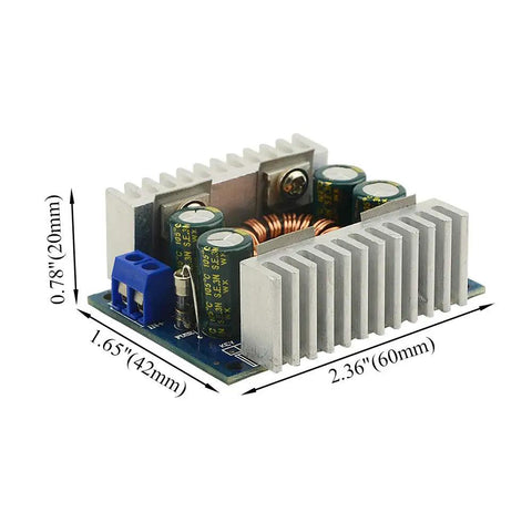 Heavy Duty 8A DC DC Buck Boost Converter Module adjustable voltage regulator with dual heat sinks, dimensions 2.36x1.65x0.78 inches.