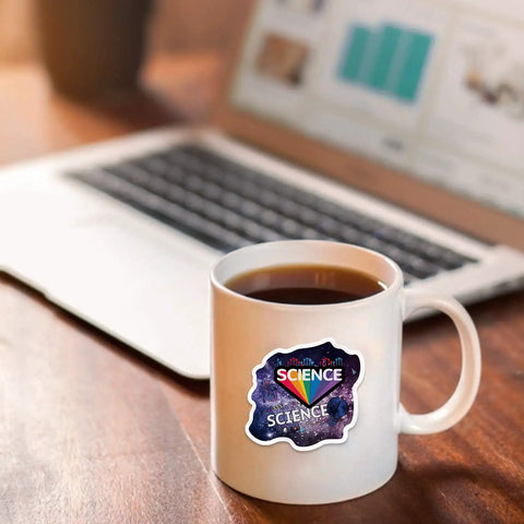 Mug with science sticker from 100 Piece Dope Science Stickers Pack Vinyl Decals For Physics Chemistry Biology Experiments Cute Lab Themed.